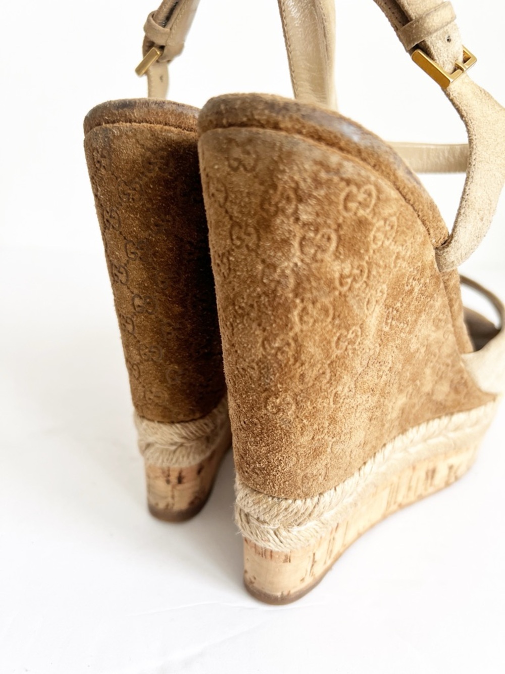SZ 36.5 Gucci Suede Espadrille Wedge Sandals Beige Logo Platform - Picture 4 of 8